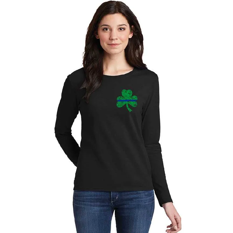 Women's Thin Blue Line St. Patrick's, Small Shamrock Long Sleeve T-Shirt Cozy Warm Stylish Women's Thin Blue Line St. Patrick's, Small Shamrock Long Sleeve T-Shirt Cozy Warm Stylish
