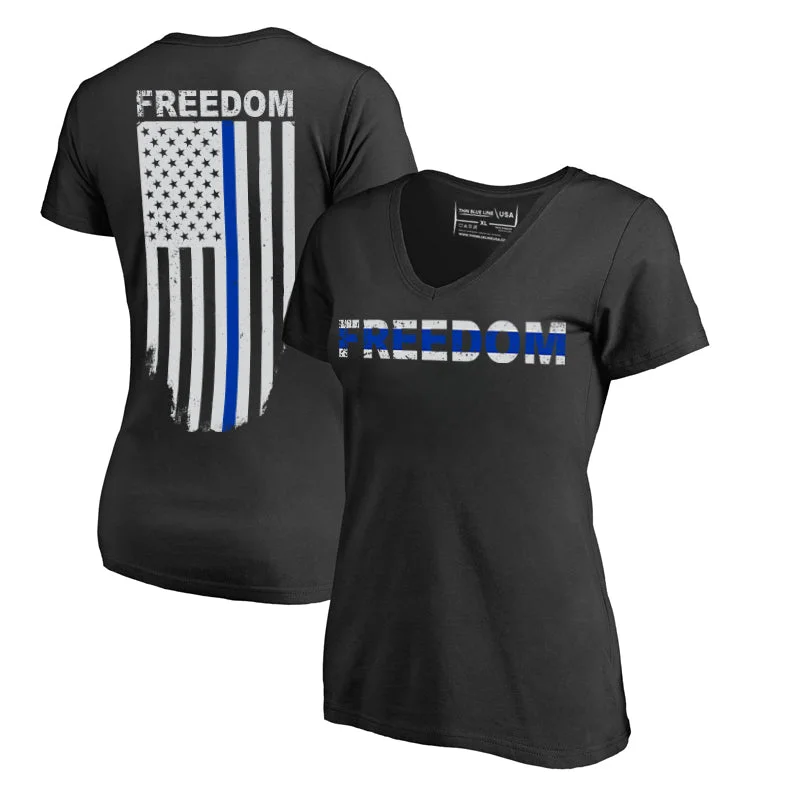 Women's V-Neck T-Shirt - Thin Blue Line Freedom Houndstooth Herringbone Solid