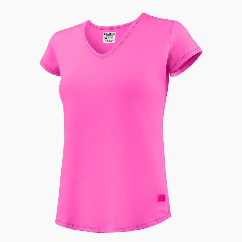 ZAAZEE Alyx V-Neck T-Shirt-Pop Pink Handmade Hand-knitted Hand-woven