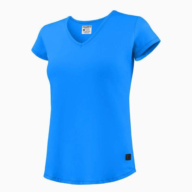 ZAAZEE Alyx V-Neck T-Shirt-Sky Blue Seamless Knitted Crochet