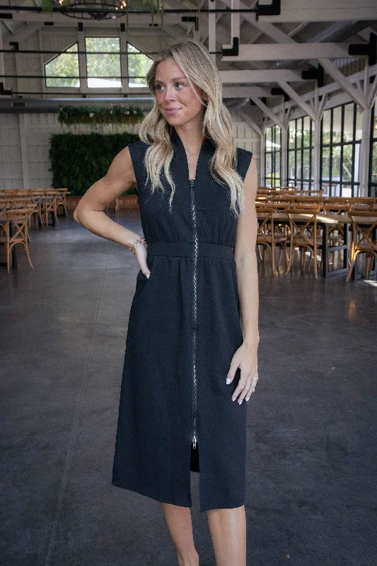 Aileen Sweatshirt Zip Up Dress, Black Hoodie with Hem Elastic Stretchable Comfortable Aileen Sweatshirt Zip Up Dress, Black Hoodie with Hem Elastic Stretchable Comfortable