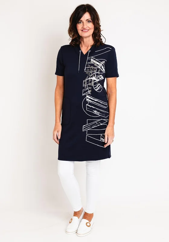 Barbara Lebek Graphic Print Sweatshirt Dress, Navy Hoodie with Applique Textured Unique Barbara Lebek Graphic Print Sweatshirt Dress, Navy Hoodie with Applique Textured Unique