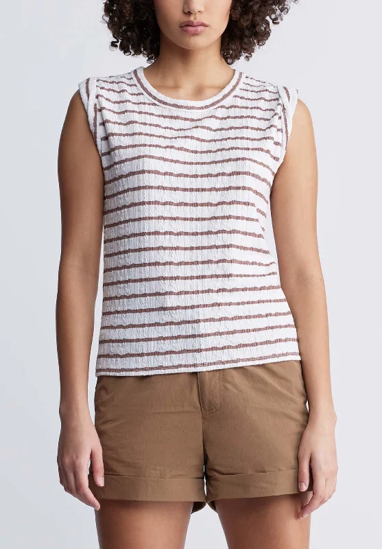 Elayne Women’s Striped Knit Tank Top in White & Tan - KT0126P yoga tank top
