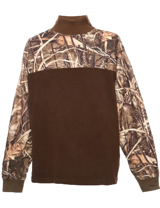High Neck Dark Brown Fleece Sweatshirt - M Hoodie with High-Low Hem Asymmetrical Trendy