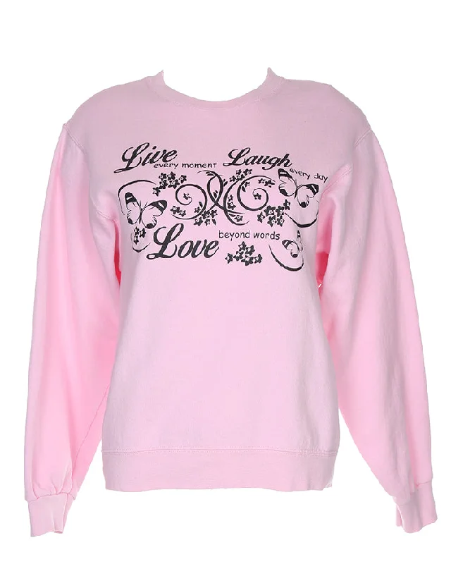 Live, Laugh, Love Pink Sweatshirt - S Hoodie with Side Slits Relaxed Casual
