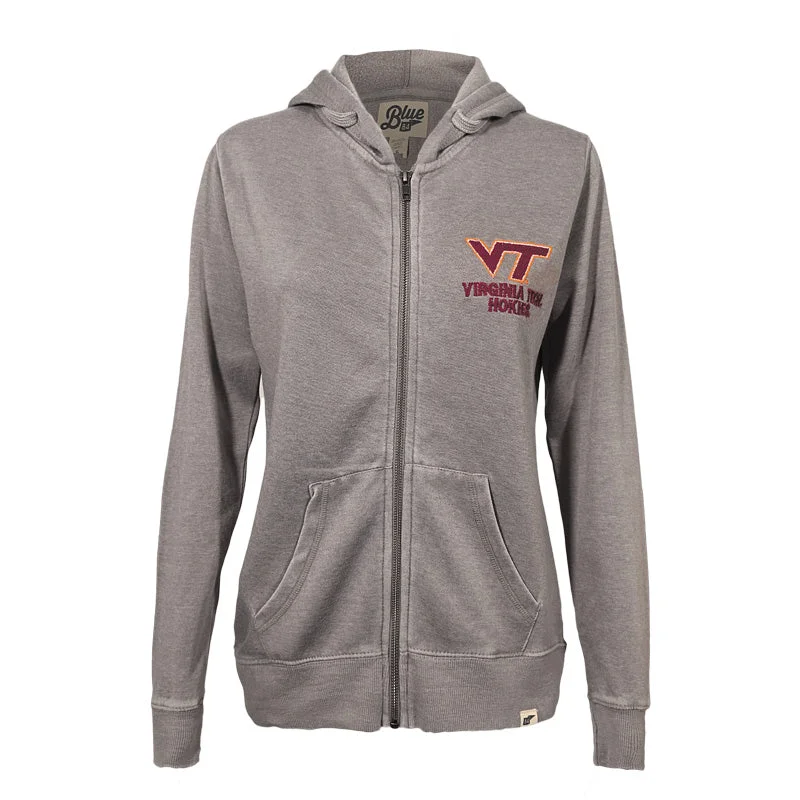Virginia Tech Women's Full-Zip Hooded Sweatshirt: Light Gray Hoodie with Embroidery Detailed Premium