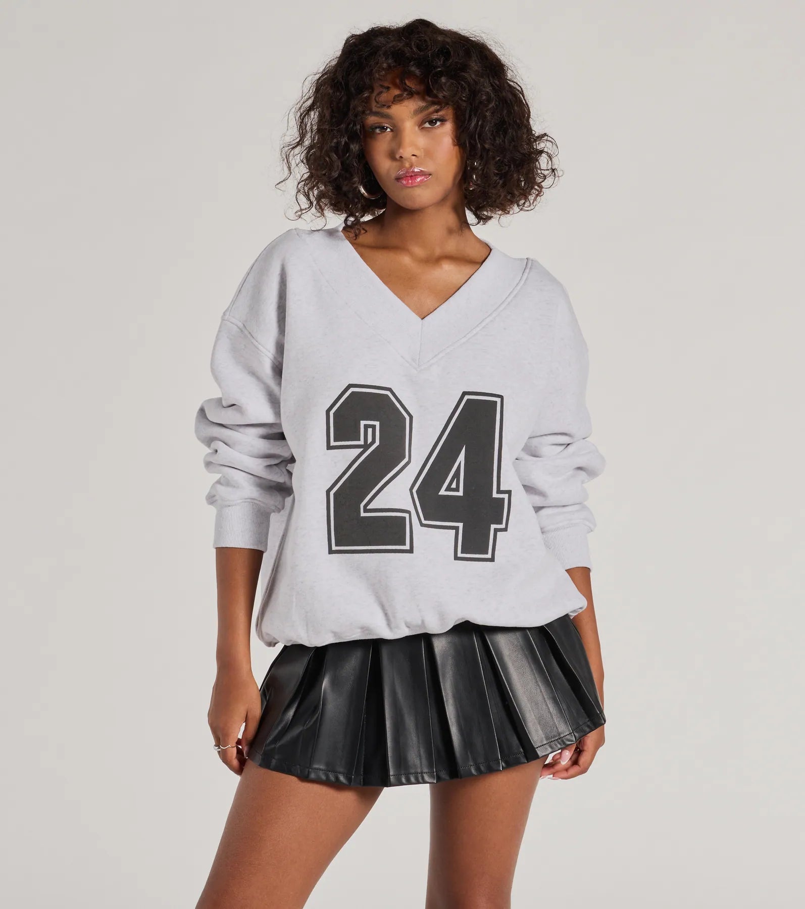 24 Graphic Oversized Pullover Sweatshirt Hoodie with Hem Lace Feminine Delicate