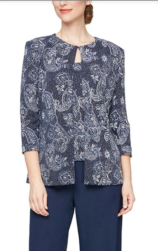 Alex Evenings 8327770 Printed Metallic 3/4 Sleeve Knit Twinset Jacket Belted Jacket Elasticated Jacket Padded Jacket Alex Evenings 8327770 Printed Metallic 3/4 Sleeve Knit Twinset Jacket Belted Jacket Elasticated Jacket Padded Jacket
