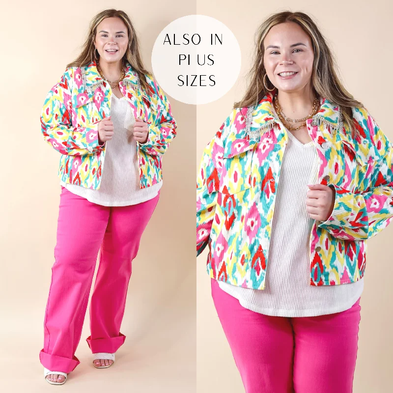 Chic Discovery Button Up Corduroy Jacket with Crystal Fringe in White Print Nylon Jacket Polyester Jacket Spandex Jacket Chic Discovery Button Up Corduroy Jacket with Crystal Fringe in White Print Nylon Jacket Polyester Jacket Spandex Jacket