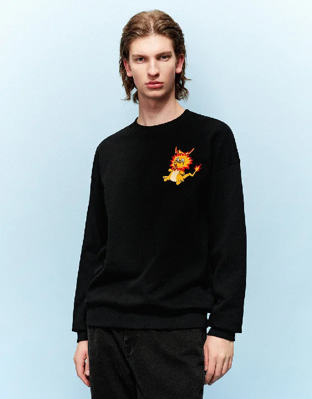 Dragon Embossed Crew Neck Sweatshirt Hoodie with Cuffed Sleeves Snug Secure