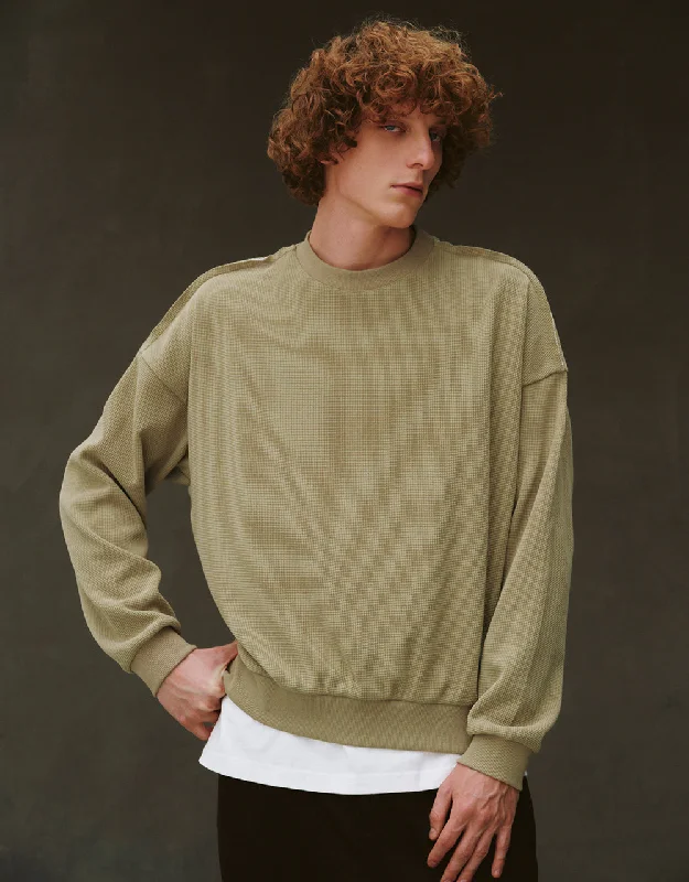 Drop Shoulder Sleeve Crew Neck Sweatshirt Hoodie with Hem Frayed Vintage Worn