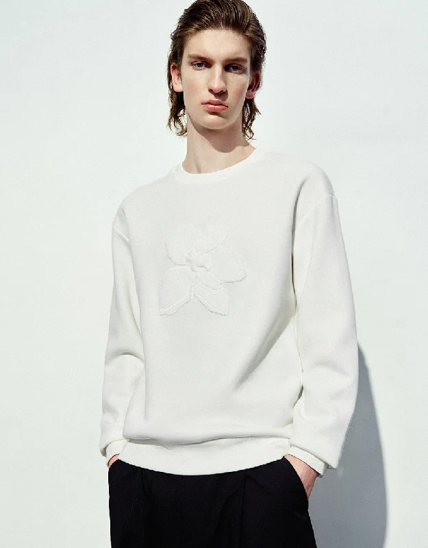 Flower Embosseed Sweatshirt Hoodie with Drop Shoulder Relaxed Streetwear