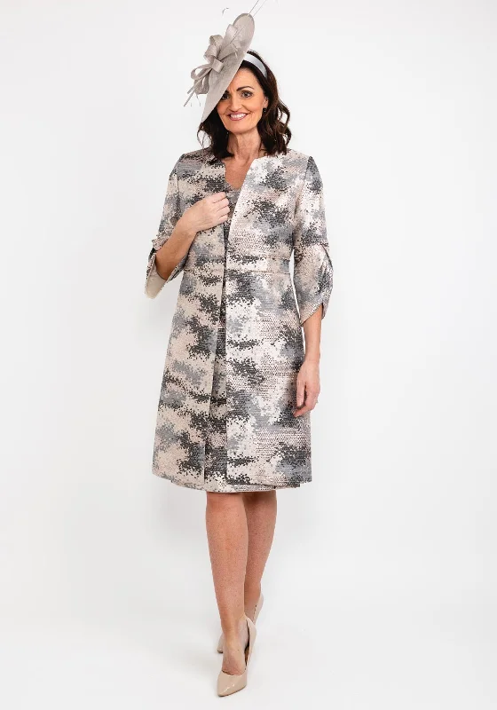 Lizabella Geometric Design Dress & Jacket Set, Grey Multi Collared Jacket Crew Neck Jacket Turtle Neck Jacket