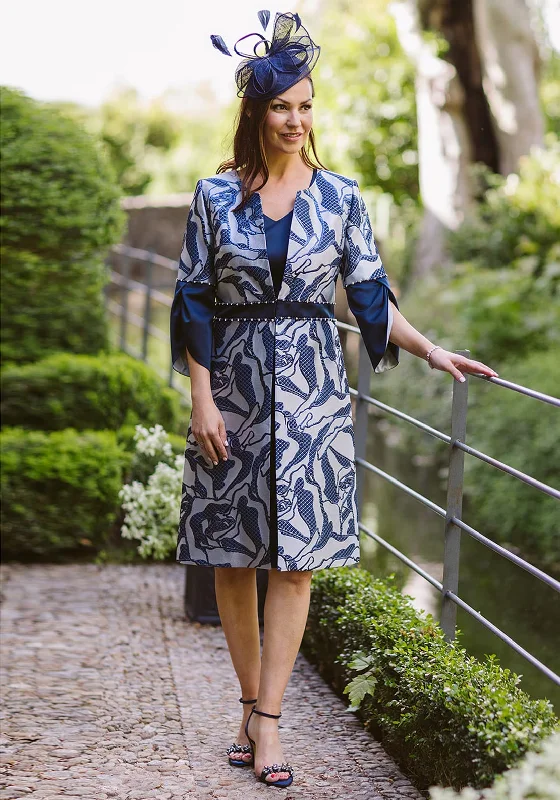 Lizabella Embossed Design Long Jacket & Dress Two Piece, Navy Welt Pockets Slit Pockets Flap Pockets Lizabella Embossed Design Long Jacket & Dress Two Piece, Navy Welt Pockets Slit Pockets Flap Pockets