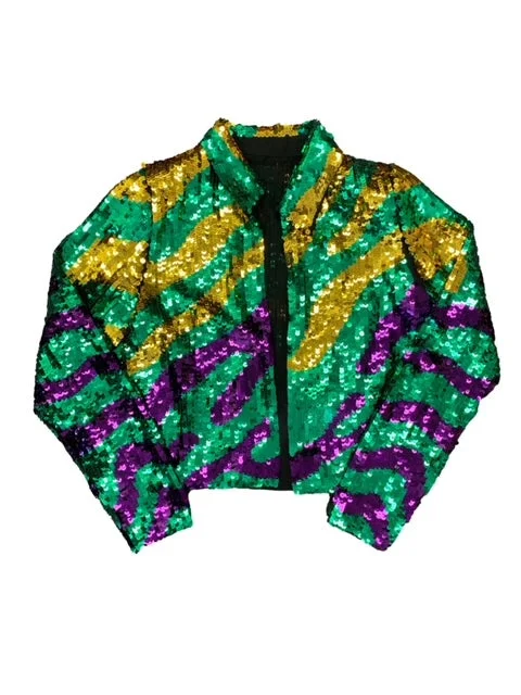 Mardi Gras Sequin Jacket A-Line Jacket Boat Neck Shawl Collar