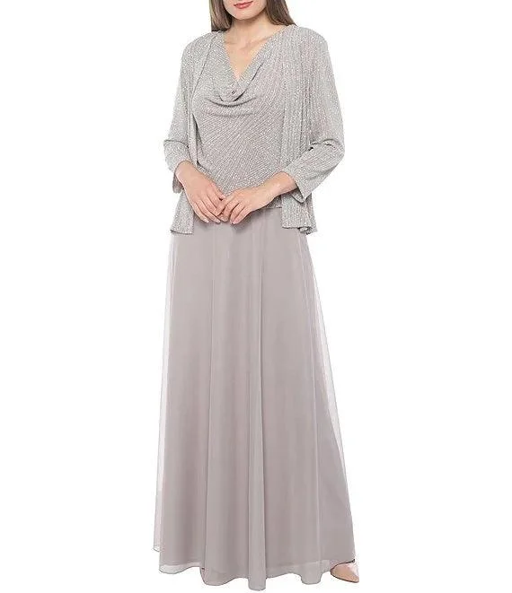 Marina Long Formal Sleeveless Glitter Jacket Dress Notch Collar Peter Pan Collar Cowl Neck Marina Long Formal Sleeveless Glitter Jacket Dress Notch Collar Peter Pan Collar Cowl Neck