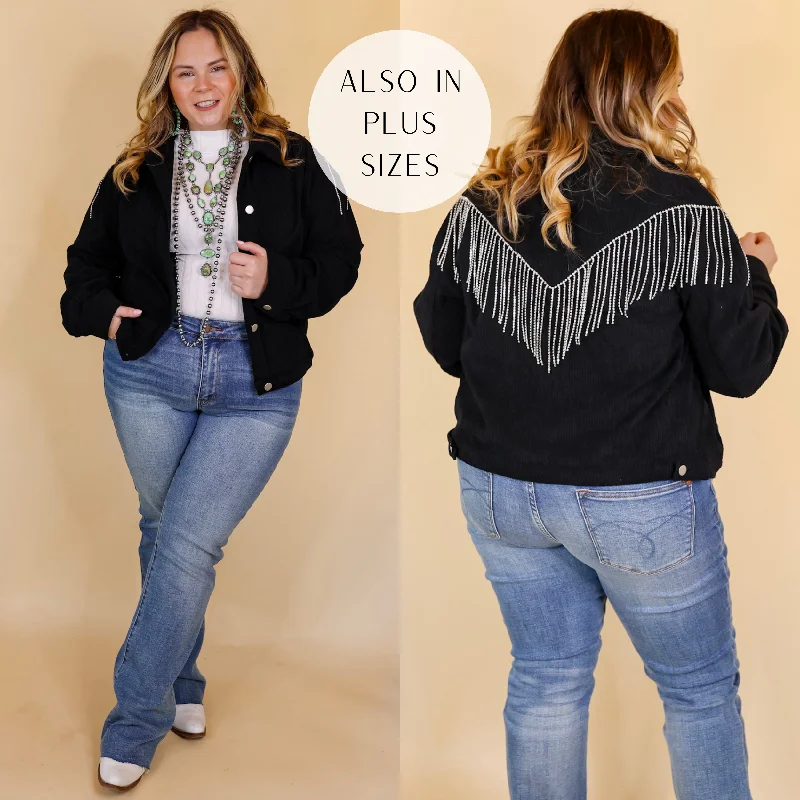 Signature Moves Button Up Corduroy Jacket with Crystal Fringe Back in Black Boat Neck Shawl Collar Notched Collar Signature Moves Button Up Corduroy Jacket with Crystal Fringe Back in Black Boat Neck Shawl Collar Notched Collar