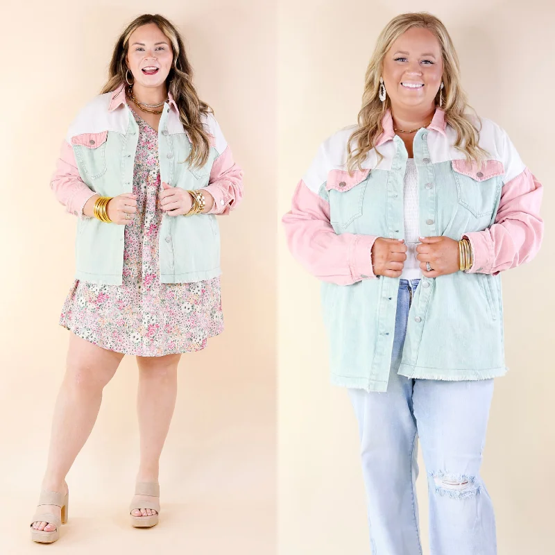 Style Mentor Color Block Button Up Jacket in Sage and Pink Embroidered Jacket Appliqued Jacket Beaded Jacket Style Mentor Color Block Button Up Jacket in Sage and Pink Embroidered Jacket Appliqued Jacket Beaded Jacket