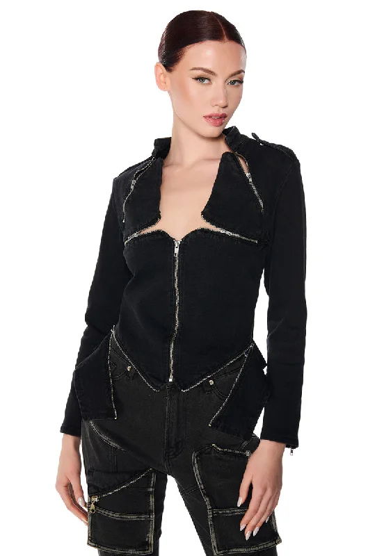 THE LYDIA ZIP UP DENIM JACKET TOP Denim Jacket Leather Jacket Suede Jacket