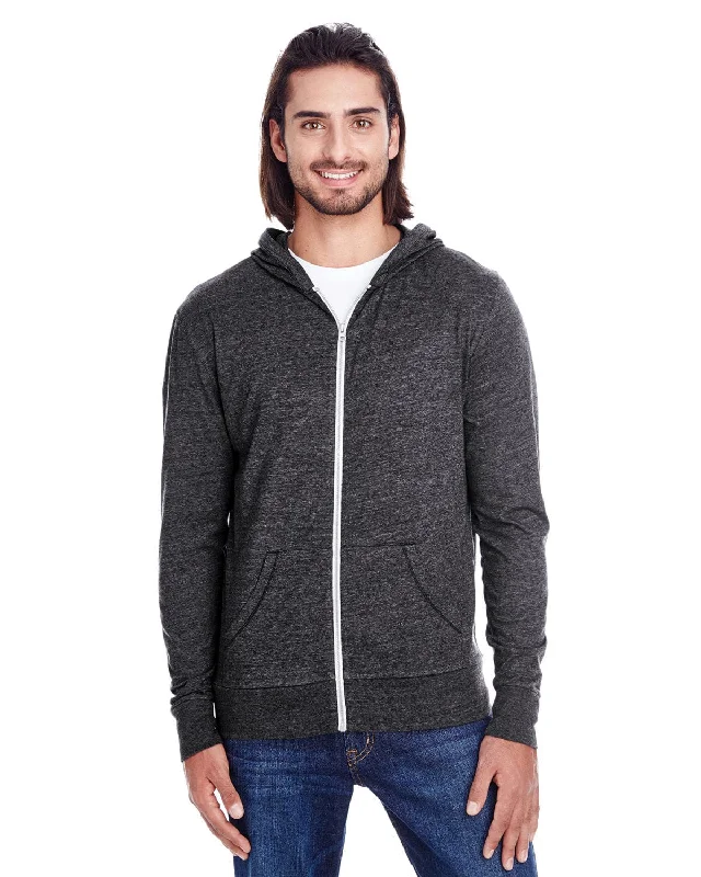 Threadfast Apparel Unisex Triblend Full-Zip Hoodie | Black Triblend Hoodie with Half-Zip Sporty Casual