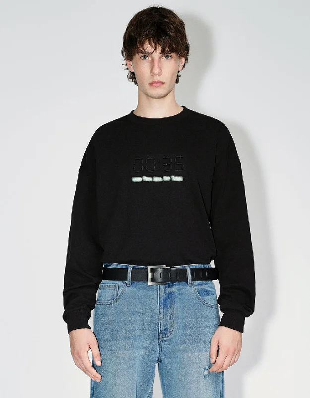 Timer Embossed Crew Neck Sweatshirt Hoodie with Hem Raw Edge Edgy Unfinished