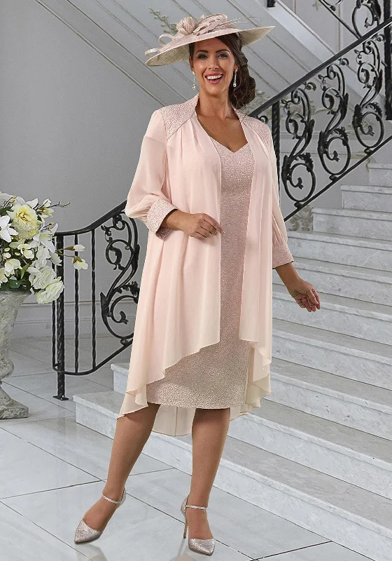 Veromia Metallic Dress & Chiffon Jacket, Pink Ribbed Jacket Pleated Jacket Ruffled Jacket Veromia Metallic Dress & Chiffon Jacket, Pink Ribbed Jacket Pleated Jacket Ruffled Jacket