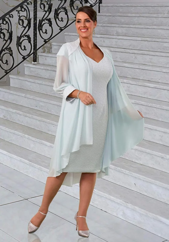 Veromia Metallic Dress & Chiffon Jacket, Silver Blue Snapped Jacket Toggled Jacket Drawstring Jacket Veromia Metallic Dress & Chiffon Jacket, Silver Blue Snapped Jacket Toggled Jacket Drawstring Jacket