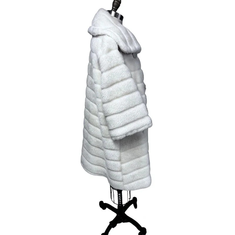 1950s Retro Womens Ivory Swing Coat Faux Fur Huge Buttons S/M 3/4 Bell Sleeves Classic Trench Coat