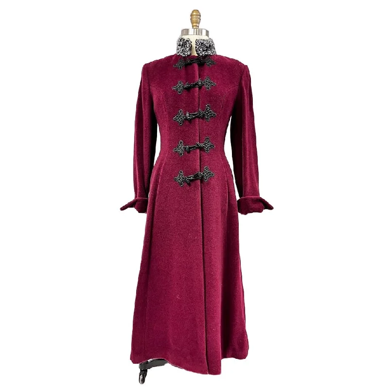 80s VTG Miss Elle Ci Cossack Style Maxi Coat Sz 42/M Wine Wool Cashmere Italy Retro Fuzzy Sherpa Pullover