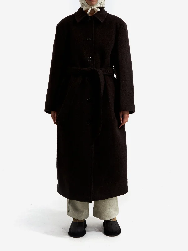 AMOMENTO Single Breasted Long Coat - Dark Brown Hooded Parka Coat