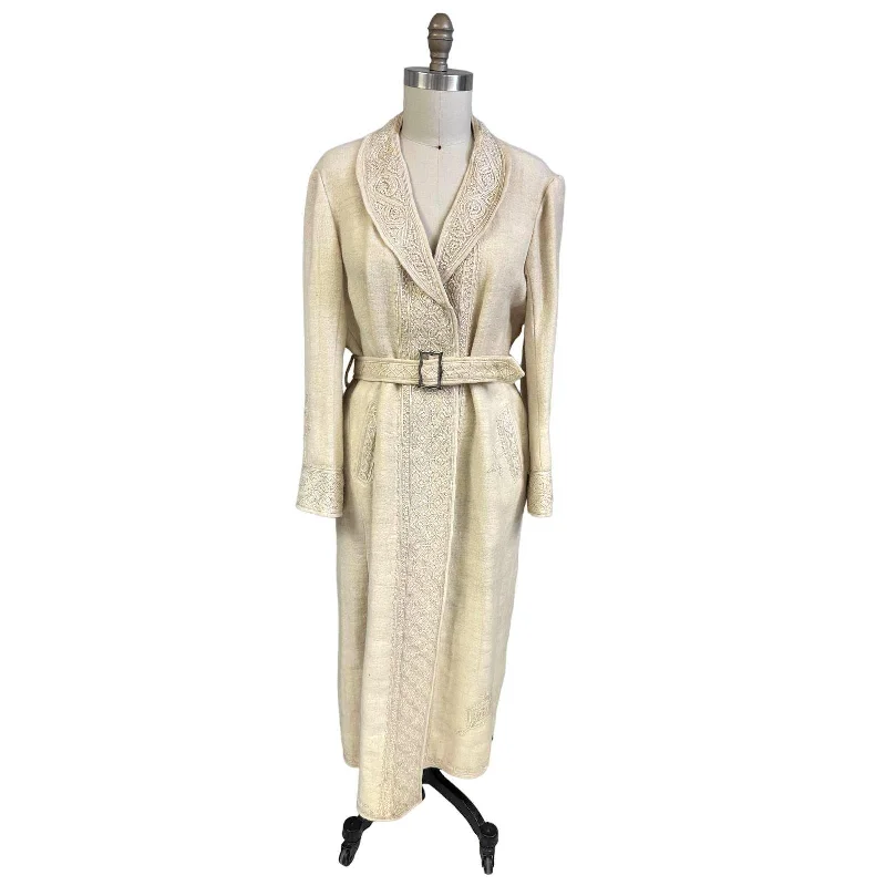 Antique Handwoven Wool Coat Edwardian Cream Embroidered L/XL Womens 1910s Quilted Puffer Jacket