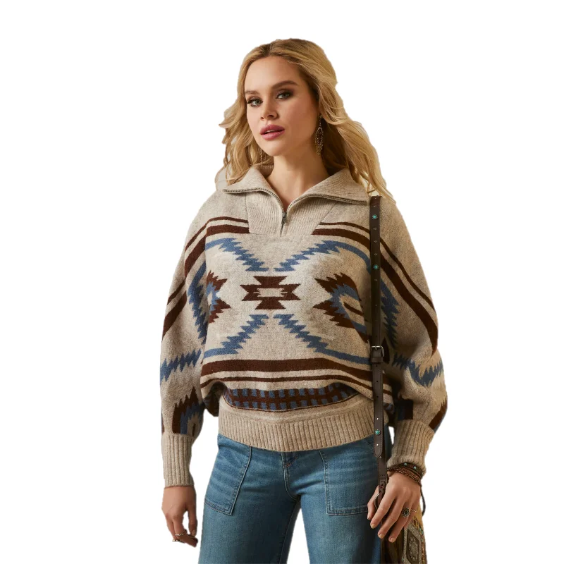 Ariat Ladies Chimayo Peyote Cream 1/4 Zip Pullover Sweater 10046281 Short Sleeve Top