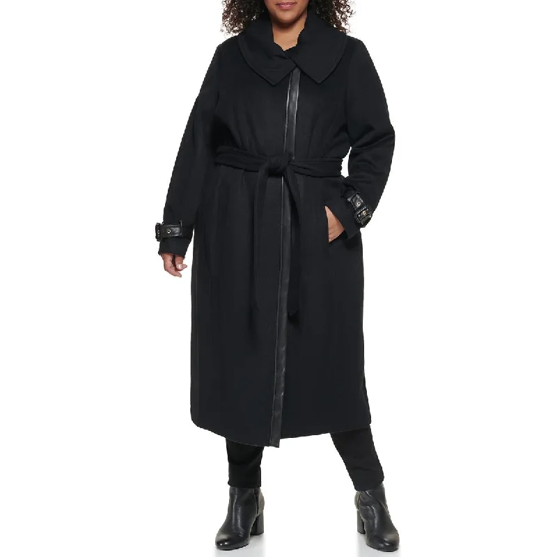 Plus Womens Wool Blend Belted Wrap Coat Cropped Tweed Jacket
