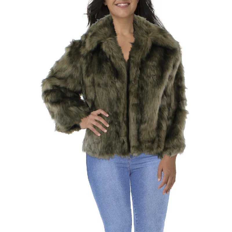 Moon Womens Long Sleeves Open Front Faux Fur Coat Ruched Sleeve Blazer