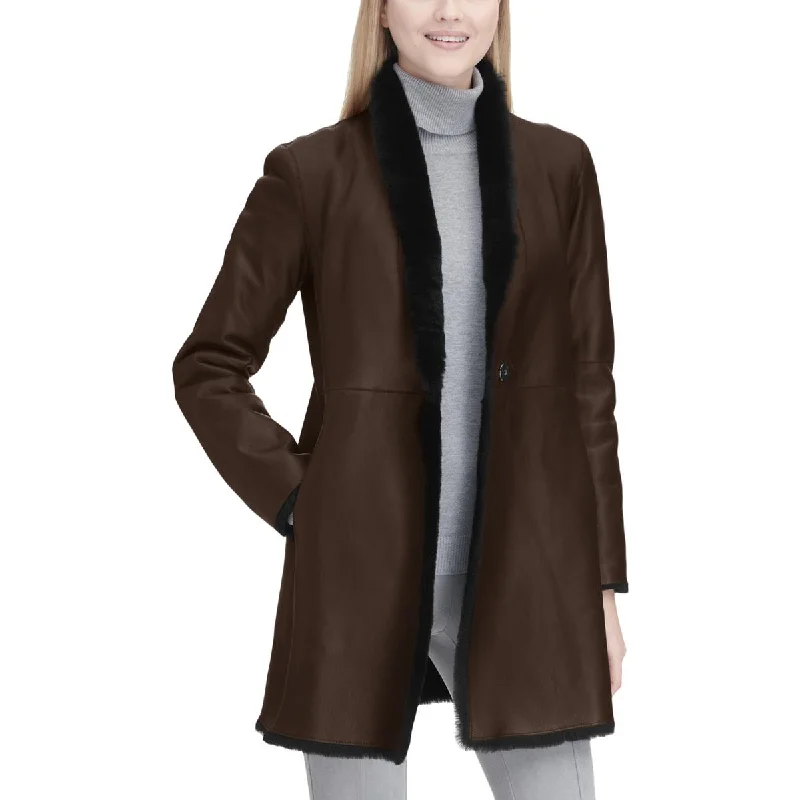 Womens Lamb Shearling Reversible Leather Coat Longline Wool Coat