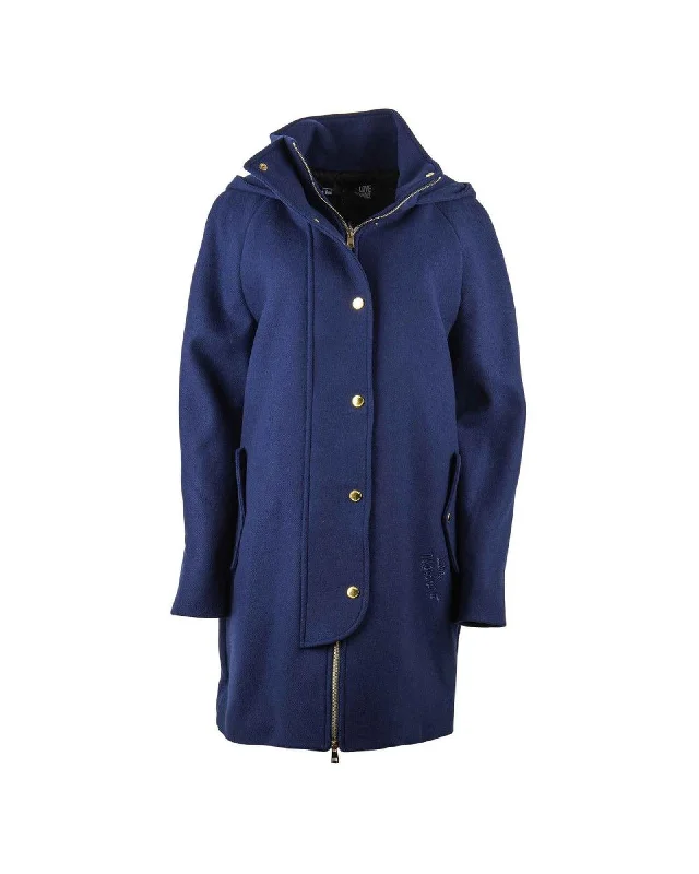 Love Moschino  Women's Blue Wool Blend Hooded Coat Quilted Puffer Jacket