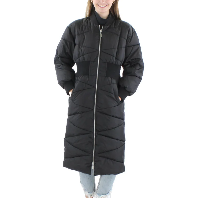 Womens Quilted Nylon Parka Coat Draped Longline Jacket