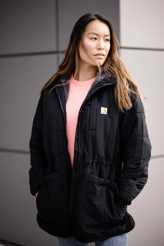 Carhartt Rain Defender Loose-Fit Lightweight Insulated Hooded Coat for Women in Black | 106465-N04 Sporty Zip-Up Jacket Carhartt Rain Defender Loose-Fit Lightweight Insulated Hooded Coat for Women in Black | 106465-N04 Sporty Zip-Up Jacket