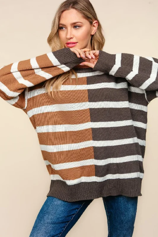 Charcoal/Camel Stripe Color Block Oversized Pullover Sweater Open Front Cardigan