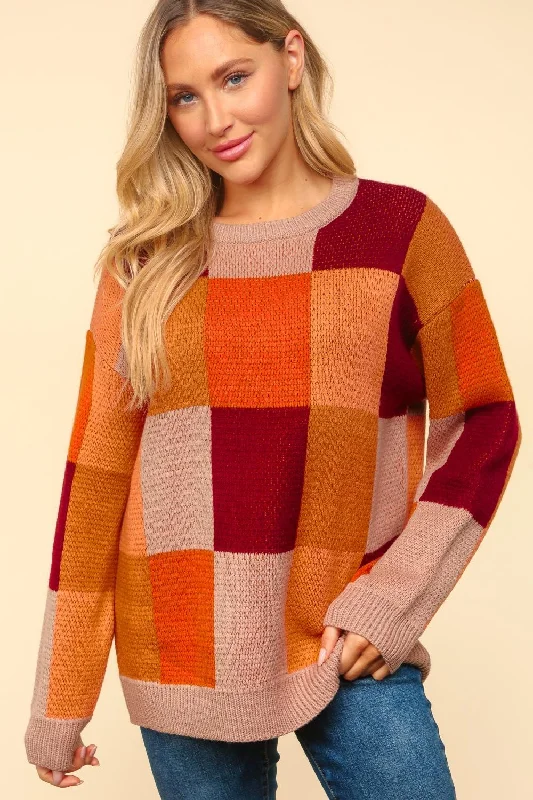 CHECKER JACQUARD PULLOVER SWEATER KNIT TOP Shirred Sleeve Feminine