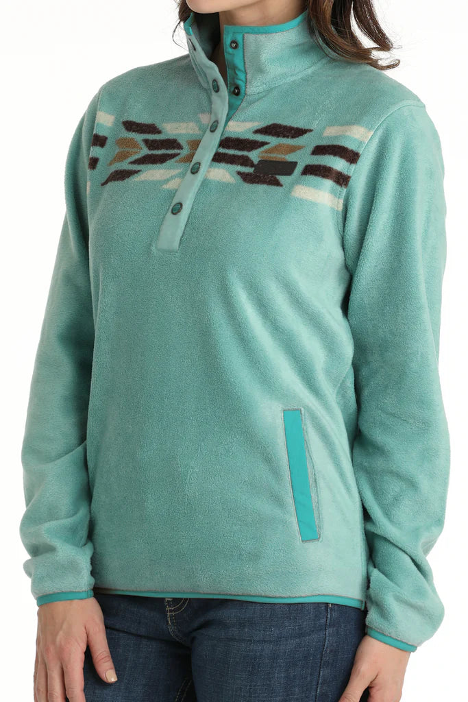 Cinch Women's Turquoise Aztec Fleece Pullover Batwing Sleeve Top