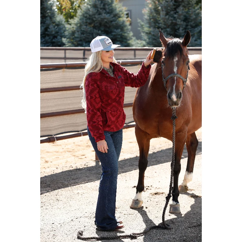 Cinch Women's Red Southwest Polar Fleece Pullover Long Bell Sleeve