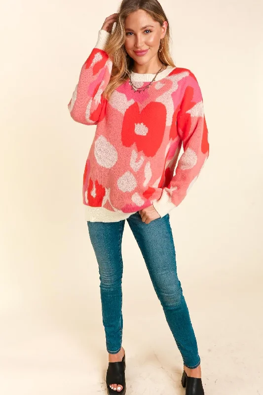 Plus Blush Coral Floral Abstract Soft Pullover Sweater Top Halter Neck Top