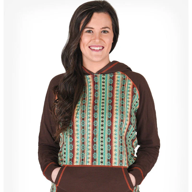 Cowgirl Tuff Women's Brown Pullover with Coral Aztec Slit Sleeve Stylish