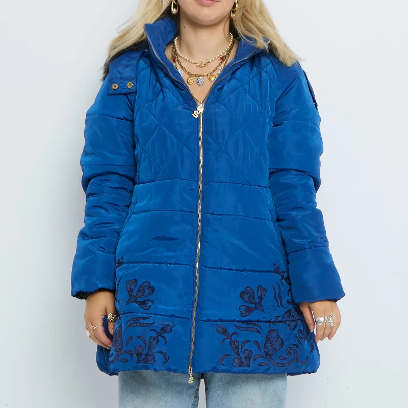 Desigual Faux Fur Trim Hooded Quilted Coat - UK 12 Cozy Knitted Poncho