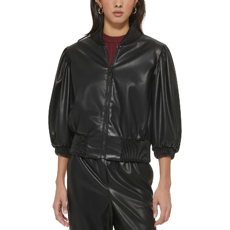 DKNY Womens Faux Leather Short Bomber Jacket