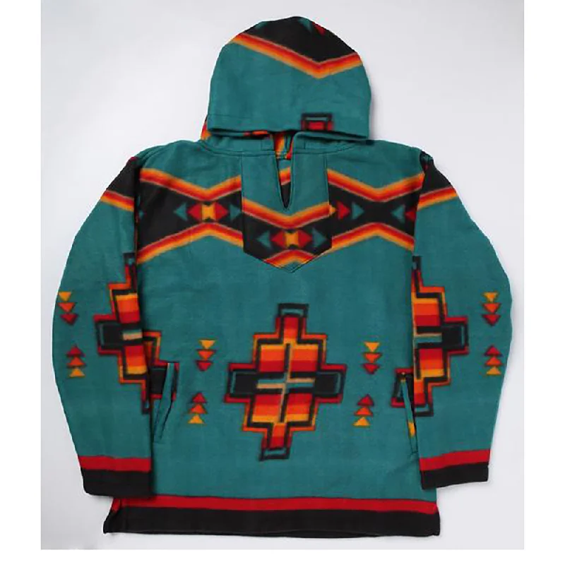 Teal Unisex Aztec Fleece Pullover Hoodie Three Quarter Sleeve
