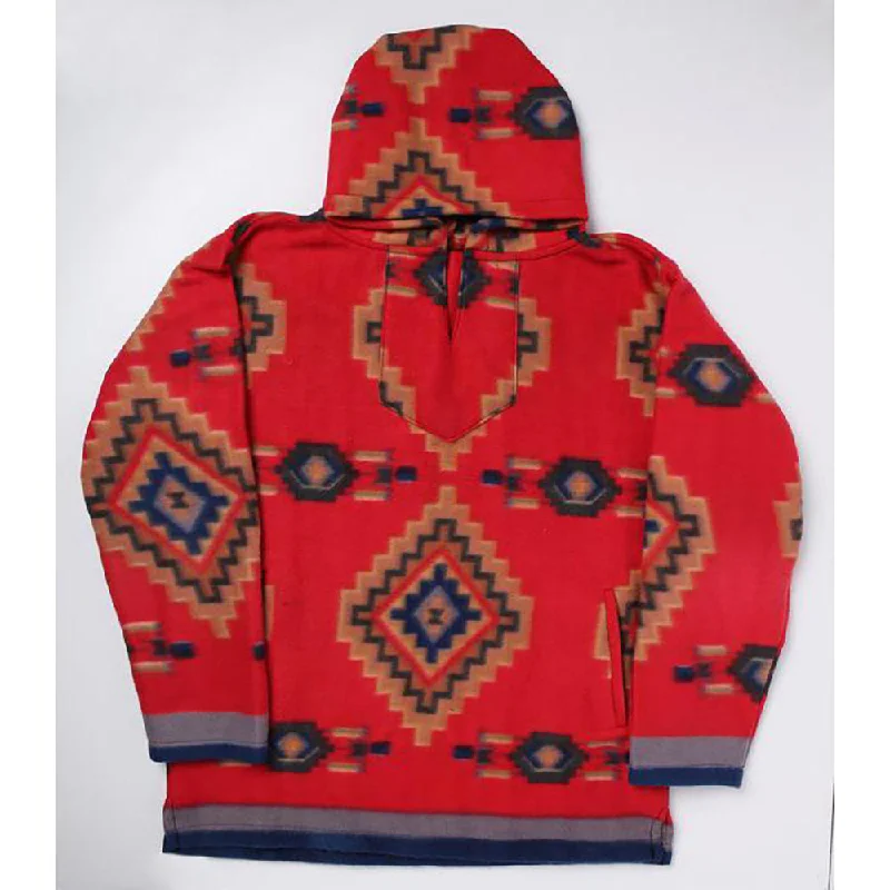 Red Unisex Aztec Fleece Pullover Hoodie Shirred Sleeve Feminine