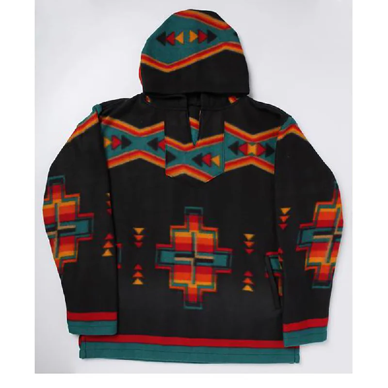 Unisex Black Aztec Fleece Pullover Hoodie Spaghetti Sleeve Top