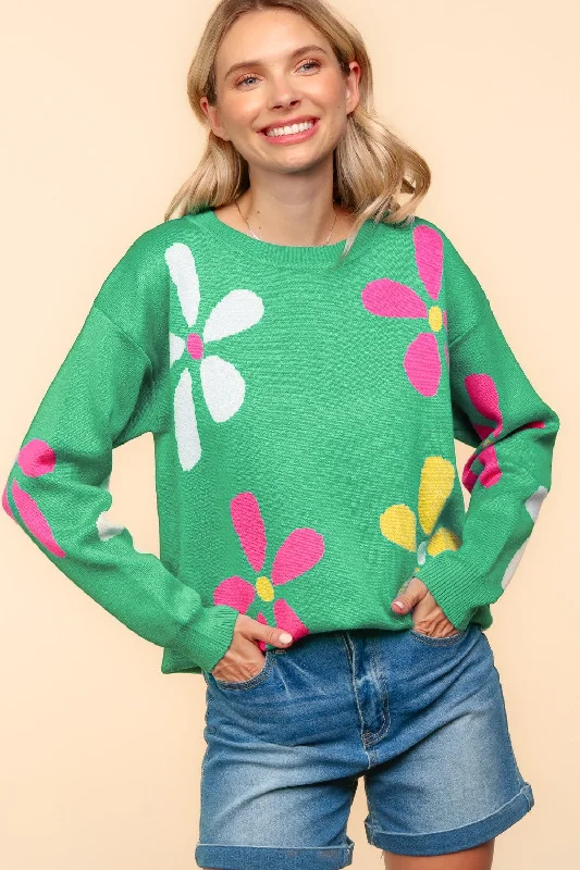 FLOWER PATTERN OVERSIZED PULLOVER SWEATER TOP Soft Wool Sweater